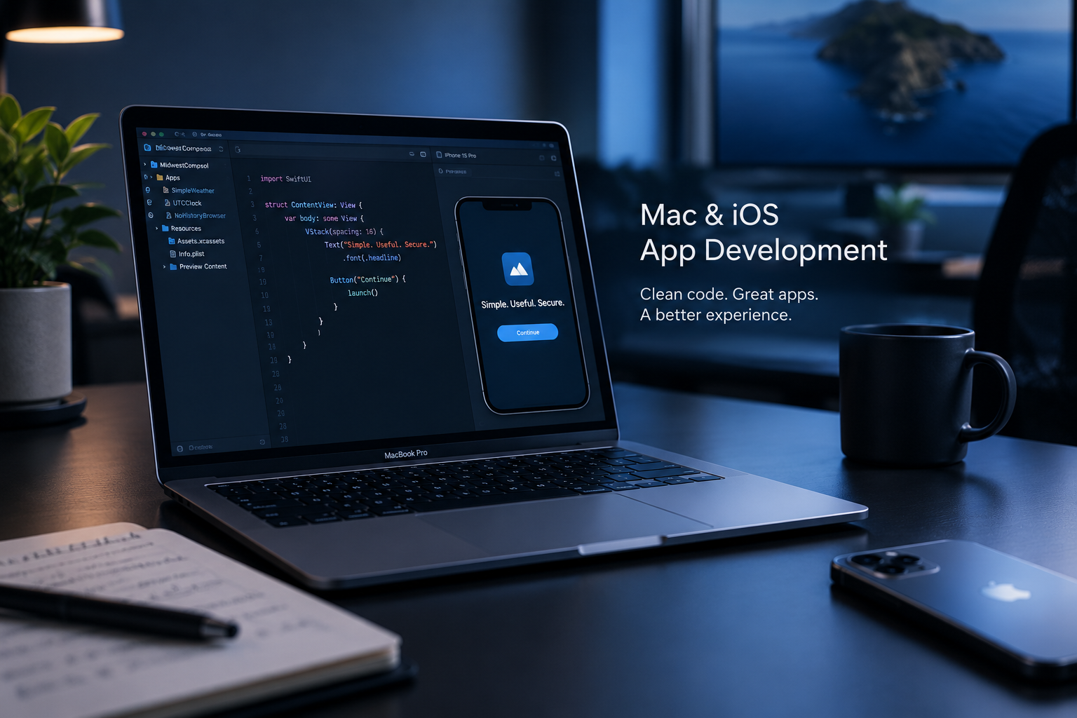 Mac and iOS app development workspace with a MacBook displaying an Xcode project